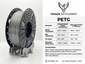 Sợi Nhựa In 3D PETG Vimade – Chất Lượng Cao Cấp, Độ Ổn Định Tuyệt ĐốiSự Kết Hợp Hoàn Hảo Giữa Sức Mạnh Và Thẩm MỹDòng nhựa PETG của Vimade là sự lựa chọn hàng đầu cho các xưởng in dịch vụ và người dùng chuyên nghiệp. Khắc phục hoàn toàn sự giòn nhẹ của PLA và tính co ngót khó chịu của ABS, PETG Vimade mang đến độ bền cơ học ấn tượng cùng bề mặt hoàn thiện "sang - xịn - mịn", đáp ứng những tiêu chuẩn khắt khe nhất của ngành in 3D hiện đại.Tại Sao Các Xưởng In Dịch Vụ Tin Dùng PETG Vimade?Độ ổn định "vàng" cho lệnh in dài: Sợi nhựa được sản xuất với công nghệ kiểm soát đường kính khắt khe (sai số $\pm 0.02mm$), giúp dòng nhựa chảy đều, hạn chế tối đa tình trạng tắc vòi phun hay đứt quãng khi in xuyên đêm.Bề mặt mịn màng, màu sắc sắc nét: Công thức pha phối màu độc quyền tạo nên những gam màu có chiều sâu, đặc biệt là các tông màu khó như Tím Royal, Xám Xi Măng hay Đen Matte, giúp thành phẩm bóng mịn và che giấu lớp layer cực tốt.Tối ưu thời gian hậu kỳ: Nhựa được tinh chỉnh để giảm thiểu hiện tượng kéo sợi (stringing) và bám dính bàn cực tốt, giúp bạn lấy mẫu dễ dàng và giao hàng ngay cho khách mà không cần xử lý quá nhiều.Triết lý "Nguyên Liệu Quyết Định Tiền Tiêu": Chúng tôi hiểu rằng mỗi giây máy chạy là một đồng chi phí. Sử dụng nhựa Vimade giúp tăng tỉ lệ in thành công lên mức tối đa, trực tiếp bảo vệ lợi nhuận cho xưởng in của bạn.Thông Số Kỹ Thuật Chi TiếtThương hiệu: VimadeChất liệu: PETG (Polyethylene Terephthalate Glycol-modified)Đường kính sợi: 1.75mmTrọng lượng: 1kg (Net weight)Đặc tính: Chịu nhiệt tốt, kháng hóa chất, độ bền va đập cao, không mùi khi in.Cài đặt in khuyến nghị:Nhiệt độ đầu phun: 230°C – 250°CNhiệt độ bàn in: 70°C – 85°CTốc độ in: 40 – 100 mm/s (tùy cấu hình máy)Ứng Dụng Đa DạngVới độ bền vượt trội và khả năng chịu thời tiết, PETG Vimade phù hợp cho:Mô hình kỹ thuật: Các chi tiết máy, khớp nối, vỏ hộp thiết bị điện tử.Trang trí nội thất: Bình hoa, đèn ngủ, các vật dụng decor hiện đại.Dịch vụ in theo yêu cầu: Đáp ứng nhanh các đơn hàng quà tặng, mô hình nhân vật, kiến trúc đòi hỏi độ thẩm mỹ cao.Vimade - Đồng hành cùng cộng đồng In 3D Việt Nam.Chất lượng khẳng định giá trị - Nguyên liệu quyết định thành công.